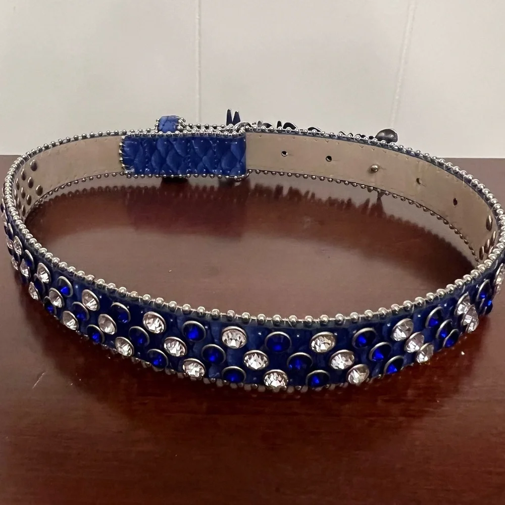 Rockstar original Tedros Rhinestone Blue Rockstar Logo faux leather Belt EUC